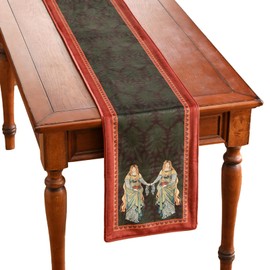 patdrea Designer Mysterious Oil Painting Figures Velvet Table Runner, Brown Green with Palm Frond Pattern Table Mat, Decoration for Kitchen Dining Coffee Table Cabinet Banquet Thanksgiving,12"*102"