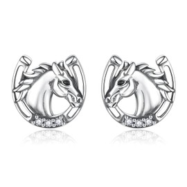 Hypoallergenic 925 Sterling Silver Animals Mushroom Stud Earrings Dog Bunny Pig Cow Otter Deer Ear Studs for Women (Horseshoe & Horse)