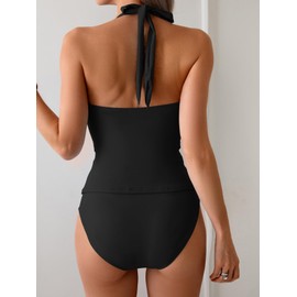 B2prity Womens Halter Tankini Swimsuits Tummy Control Two Piece Bathing Suits V Neck Swimwear with High Waisted Bottom Black
