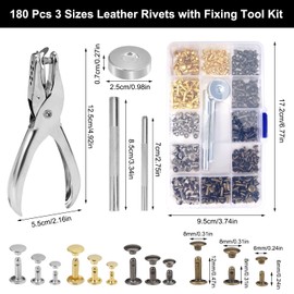 Jinsion Rivets for Leather, 180 Set Leather Rivet, Double Cap Rivet, 12 mm 8 mm 6 mm Tubular Metal Studs with Punch Pliers Set, Leather Rivets Kit for Leather Crafts, Clothes, Shoes, Jackets