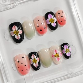Handmade Press on Nails Almond Short 3D Floral Thick Acrylic Fake Nails False Nails with Pink Flower Polka Dots Gradient Designs Sturdy Nail Art Press on Nails 10Pcs(M)