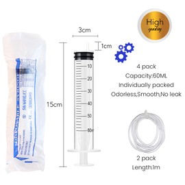 Pack of 4 Syringes, 60 ml, Plastic Syringe with Hose, Measuring Syringe, Individually Packed for Scientific Laboratories, Measuring Liquids, Industrial, Garden, Pets (60 ml, 4)