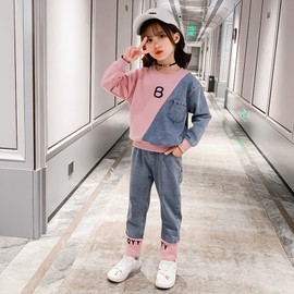 amropi Girl's Clothing Set Pullover Sweatshirt and Striped Jogging Jeans Pants Outfits Pink-1 Blue,5-6 Years