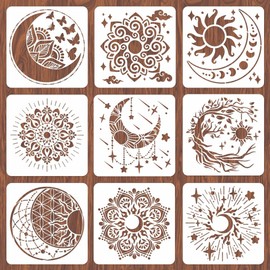 INFUNLY Wall Stencils for Painting 12X12 inches Reusable Moon Tile Stencil Star Sun Wall Stencil Mandala Painting Stencils on Wood Large 9PCS Household Paint Wall Stencils for Painting Floor Furniture