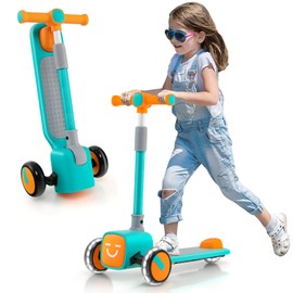 Costzon 3 Wheeled Scooter for Kids, Emoji Covers Folding Kick Scooters with 3-Level Height Adjustable, LED Flashing Wheels and Lean-to-Steer Mechanism, Kick Scooter for Boys/Girls 3-14 Years Old