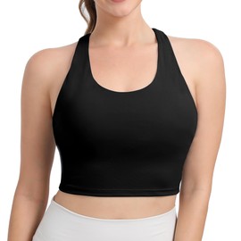 Hioffer Mid Impact Cross Back Sports Bras for Women Shock Absorber Support Padded Tank Top Bra Yoga Gym Black