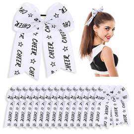 Landical 16 Pcs 7 Inch Large Cheer Hair Bows for Teens Girls, Cheerleader Bows with Elastic Hair Tie Ponytail Holder Band for Cheerleading College Sports Softball Birthday Competition Parties (White)