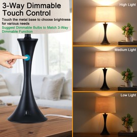 LIT-PaTH Table Lamp for Bedroom Nightstand Set of 2, Bedside Lamps with 3 Way Dimmable Touch Control and USB C+A Charging Ports, Linen Shade Desk Lamp for Living Room, Black (LED Bulb Not Included)