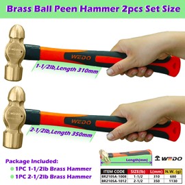 WEDO 2-Piece Brass Ball Peen Hammer Set, 24oz+40oz, Brass Ball Pein Hammer Set with Fiberglass Handle, Die-Forged, Corrosion Resistant, DIN Standard