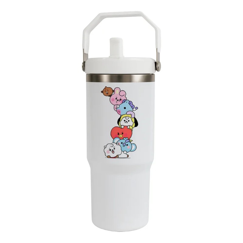 Termo Alto Acero Inoxidable Bts Peluches Kpop 900 Ml Blanco