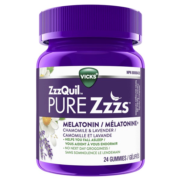 Vicks ZzzQuil PURE Zzzs Melatonin Sleep Aid Gummies with Chamomile, Lavender, & Valerian Root, Non-Habit Forming, Drug-Free, Natural Wildberry Vanilla Flavour, 24 Gummies