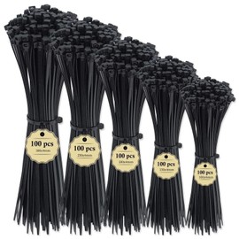 500PCS Cinchos de Plastico para Electricidad,Bridas de Plastico Autobloqueantes de 5 tamaños-10/15/20/25/30cm,Ancho 4 mm-resistentes a los rayos UV,Cintillos de Plástico Superduraderos para Oficina,Hogar,Exteriores(Negro)