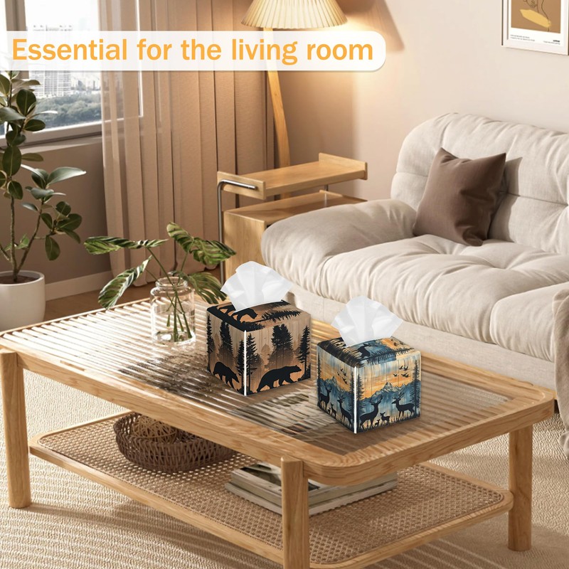 Rustic Deer Forest 2 Pcs Tissue Box Cover Square, Tissue