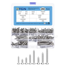 DTGN 260Pcs Wood Screws Assortment Kit - 8 Sizes 304 Stainless Steel M3/M4/M5/M6 Phillips Flat Head Self Tapping Screws - for Woodworking, Furniture