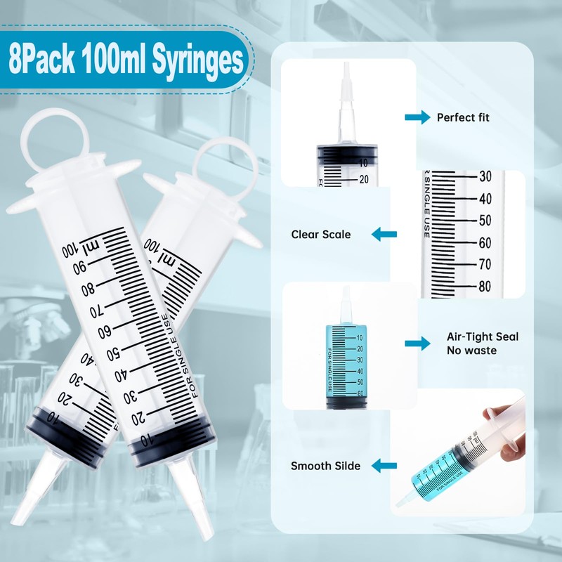 8 Pack 100ml Plastic Syringe for Scientific Labs, Dispensing, Measuring,