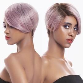 Black Textures Pixie Cut Wig, Dark Root Light Purple, L Part Lace Front Human Hair, Short Style