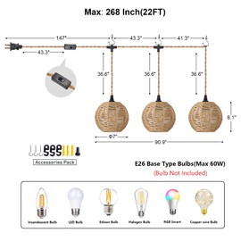 ALAISLYC 3 Lights Plug in Pendant Light with Cord On/Off Switch Rattan Hanging Lamp with 22ft Hand Woven Wicker Plug in Chandelier Boho Hanging Lights Fixture for Bedroom Kitchen Hallway Foyer