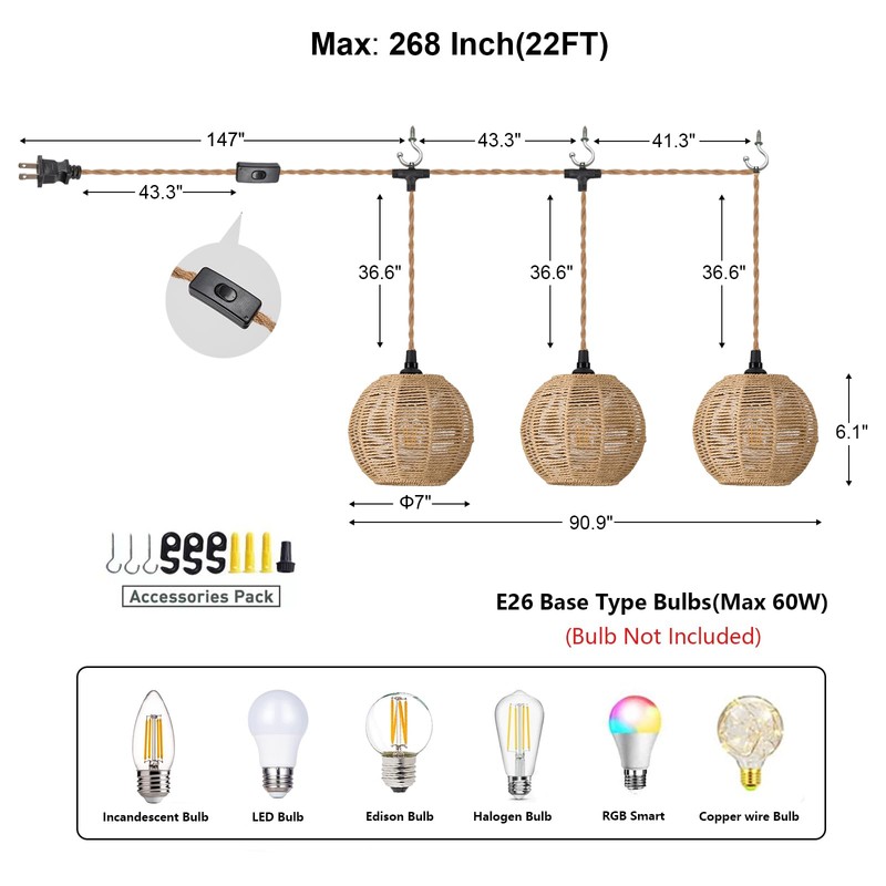ALAISLYC 3 Lights Plug in Pendant Light with Cord On/Off