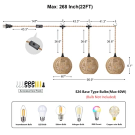 ALAISLYC 3 Lights Plug in Pendant Light with Cord On/Off Switch Rattan Hanging Lamp with 22ft Hand Woven Wicker Plug in Chandelier Boho Hanging Lights Fixture for Bedroom Kitchen Hallway Foyer