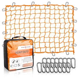 Seven Sparta 5’ x 7’ Bungee Cargo Net Stretches to 10' x 14' for Truck Bed, Pickup Bed, Trailer, Trunk, SUV with 16 Bonus D Clip Carabiners Car Organizer Net for Large Loads (Orange)