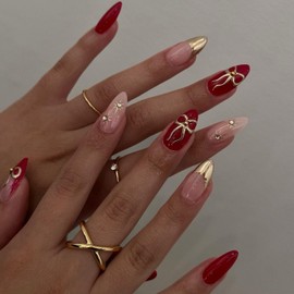 24PCS Bow Star Press on Nails Red Fake Nails with Rhinestone Design Gold French Tip Glue Medium Almond False Nails Glossy Artificial Acrylic Full Cover Stick for Women Manicure