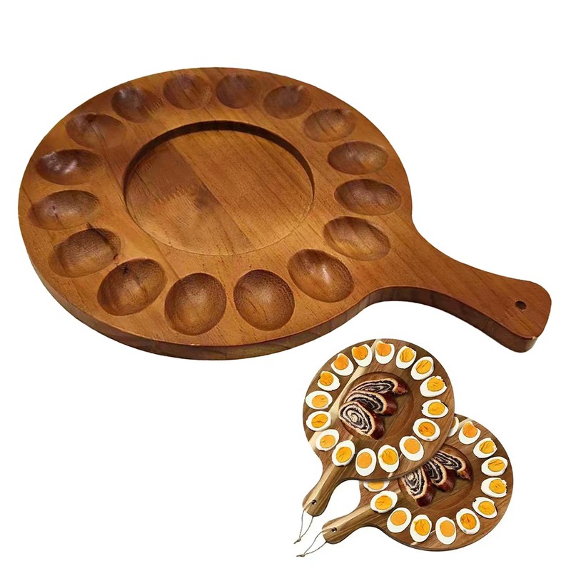 Reversible Deviled Egg Tray Multi-Holes Round Egg Platter Thickened Wooden