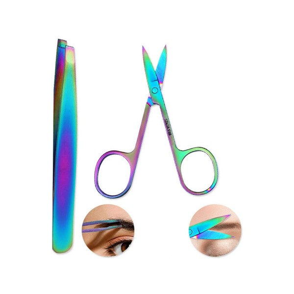 AKOAK 2 Pieces Rainbow Stainless Steel Slant Tip Eyebrow Tweezer and Eyebrow Scissor Facial Hair Removal Makeup Tool