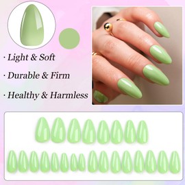 Boloshine French Tip False Nails, 24Pcs Solid Color Press on Nails Acrylic Nail Tips, Glossy Glue on Nails with Glue Stickers, Full Cover Removable False Nails for Women and Girls, Tender Sprout Green