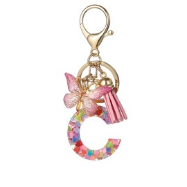 Pink Initial Letter C Keychain with Tassel & Butterfly Charm Trendy Bag Charms for Bags Cute Car Keychains for Women Car Keychain Accessories(C-Hook)