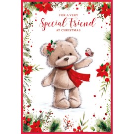 Special Friend Christmas Card - Cute Bear Holding Robin with Red Foil 7.5x5.25"