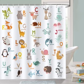 Bonhause Shower Curtain for Children ABC Alphabet Learning Animals Shower Curtains 180 x 180 cm Anti-Mould Waterproof Polyester Fabric Washable Bathroom Curtain for Bathroom with 12 Hooks