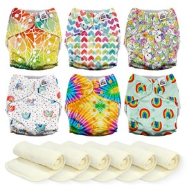 Mama Koala 3.0 Cloth Diapers for Babies, 6 Pack One Size Washable and Reusable Pocket Diapers for Newborns and Toddlers (Rainbow and Love)
