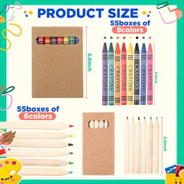 Dunzoom 100 Packs Crayons Colored Pencils Bulk Bundle Pencil Crayon Set 3.5 Inch Mini 6 Color Pencils 8 Color Crayons Mini Boxes in Kraft Box for Kids Classroom School Teacher Birthday Party Supplies