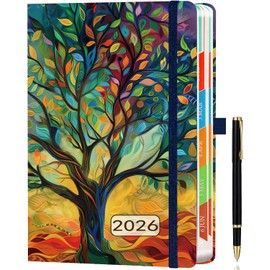 2026 A5 Diary Day-per-Page,(Jan - Dec 2026), One Page/Day, Monthly Tabs, Multi-Colored Tree Design, Pen Holder, 2 Bookmarks, Pen Loop, Inner Pocket, Goldenrod.