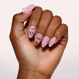 24 uñas postizas hechas a mano con lazo rosa 3D, longitud media, forma de almendra y flor blanca, kit de manicura para mujeres y niñas.