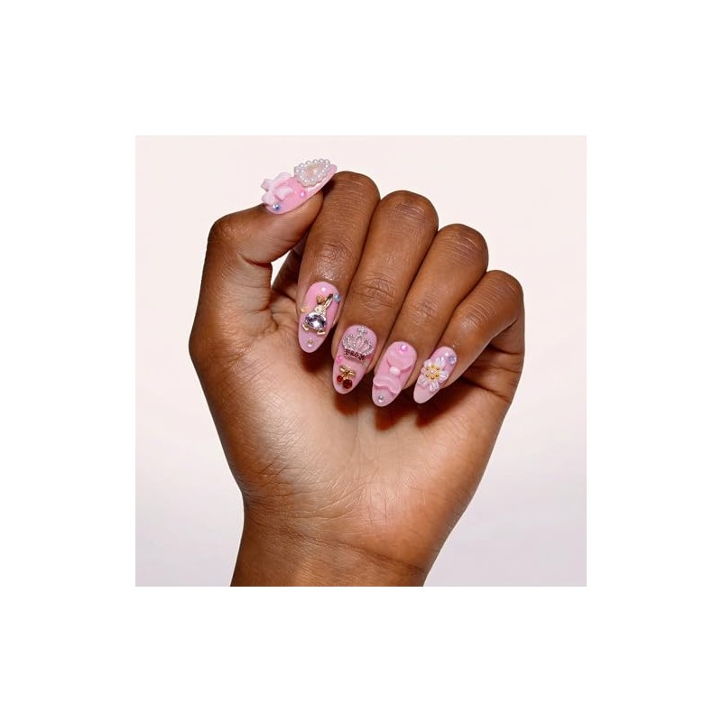 24 uñas postizas hechas a mano con lazo rosa 3D,