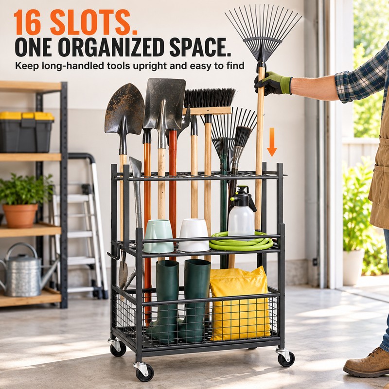 16-Slot Rolling Garden Tool Organizer Rack with 3 Shelves and