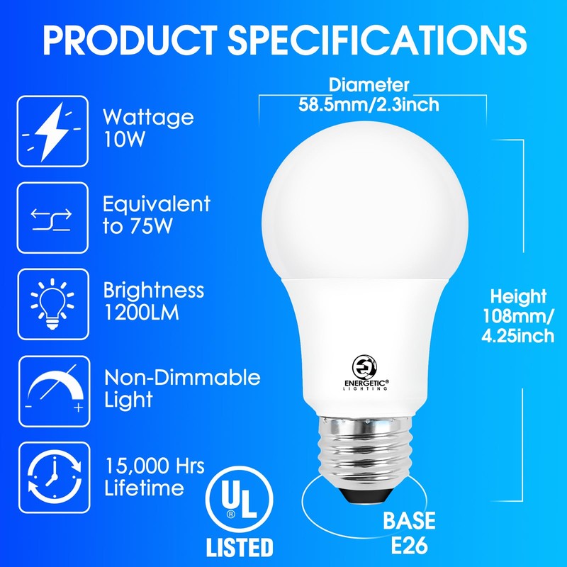 E ENERGETIC LIGHTING 75 Watt Light Bulbs, Super Bright 1200LM,