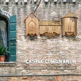 Wooden Castle Bat House with Gatehouse/Tower/Curtain Wall Design, Large Ventilated 2/3 Chamber Bat Box, Ideal for Outdoor Bat Attraction, Easy to Hang (Brown, Curtain Wall - 2 Chamber)