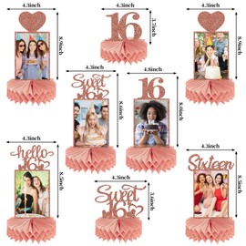 Guiruiy 8Pcs Happy 16th Birthday Decorations Honeycomb Centerpieces for Girls, Pink Rose Gold Glitter Sweet 16 Birthday Photo Table Centerpieces Party Supplies, Pink Sixteen Bday Photo Table Topper