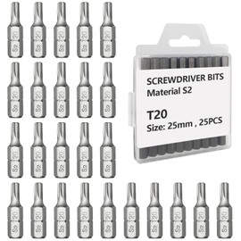 Gemtte 25-Piece Torx Bit Set, Professional T20 Bit 1/4 Inch Hex Drive, Torx Bit T20 x 25 mm Extra Hard for Internal Torx Screws (Length: 25 mm, Flip-Top Box) (T20 x 25 mm, Pack of 25)
