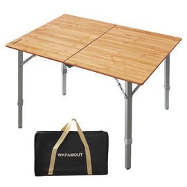 WKFAMOUT Bamboo Folding Camping Table 2-Folds with Adjustable Aluminum Legs Portable Picnic Table with Carry Bag for Outdoor Hiking Beach 2-4 Person