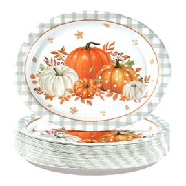 Grencian 50Pcs Autumn Oval Paper Plates 10" x 12" Gray Plaid Orange Pumpkin Plate Disposable Fall Pumpkin White Plates Tableware Sets for Thanksgiving Fall Holiday Dinner Party Supplies Decoration