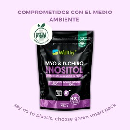Wellthy Myo & D-Chiro Inositol 492g 120 Porciones. Mezcla Óptima 40:1, 4000mg Myo Inositol y 100mg D-Chiro Inositol, 100% Natural, Gluten Free, Sugar Free, Vegan, Botlle Free