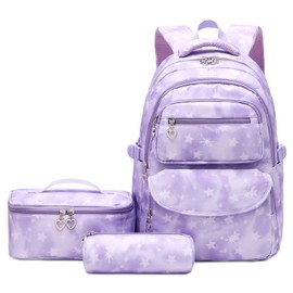 goldwheat - Mochila estampada con estrella con estuche de almuerzo, 3 unidades, para estudiantes de primaria, adolescentes, mochila, Púrpura, Star print, Mochila, integrada