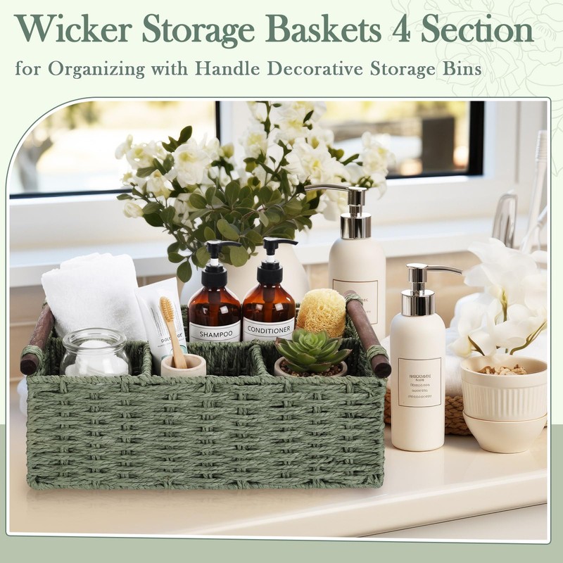 Remerry Sage Green Bathroom Countertop Organizer Caddy, Wicker-Like Divided Basket