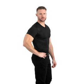 CCW Tactical Concealed Carry Holster Shirt | Quick Access Open Pocket with Large Storage | All Season Moisture Wicking Compression Shirt | Mens V-Neck, Black 3XL
