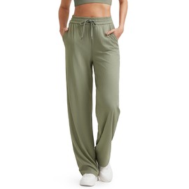 G4Free Wide Leg Pants Yoga Pants Women with Pockets High Waisted Lounge Pants Comfy Drawstring Pants (Gray Olive,M,29")