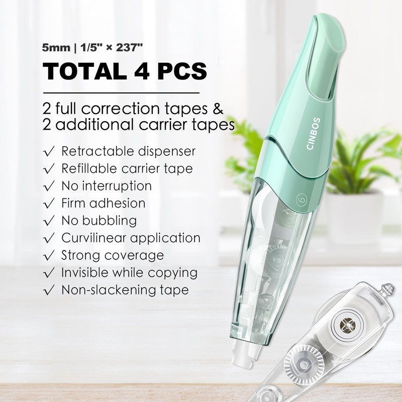 CINBOS Refillable Retractable White Correction Tape, 4 PCS (CS-25) with