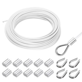 sourcing map 66FT Stainless Steel Cable Railing Kit, 1/8" Vinyl Coated 7x7 Strand Wire Rope with Loop Sleeves and Thimbles for Outdoor Deck Fence Wire & String Light,Picture Hanging,White